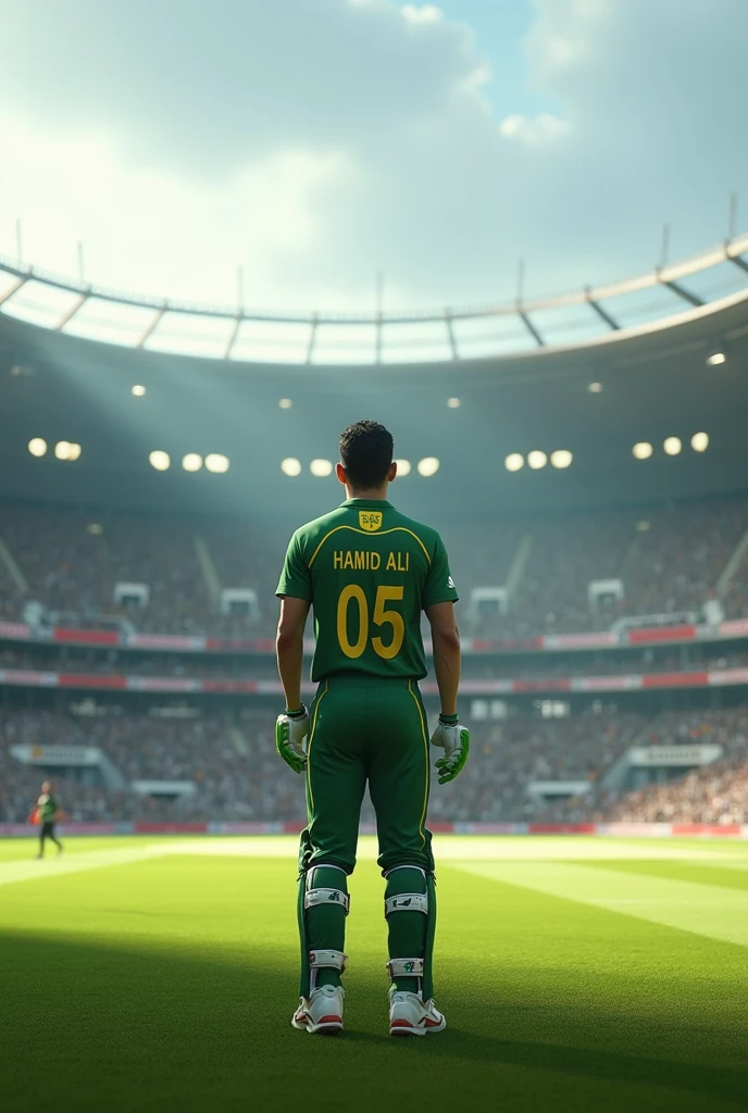 A man standing in cricket stadium wearing a Pakistan Cricket Team shirt with Hamid Ali 05 written on the back of shirt.