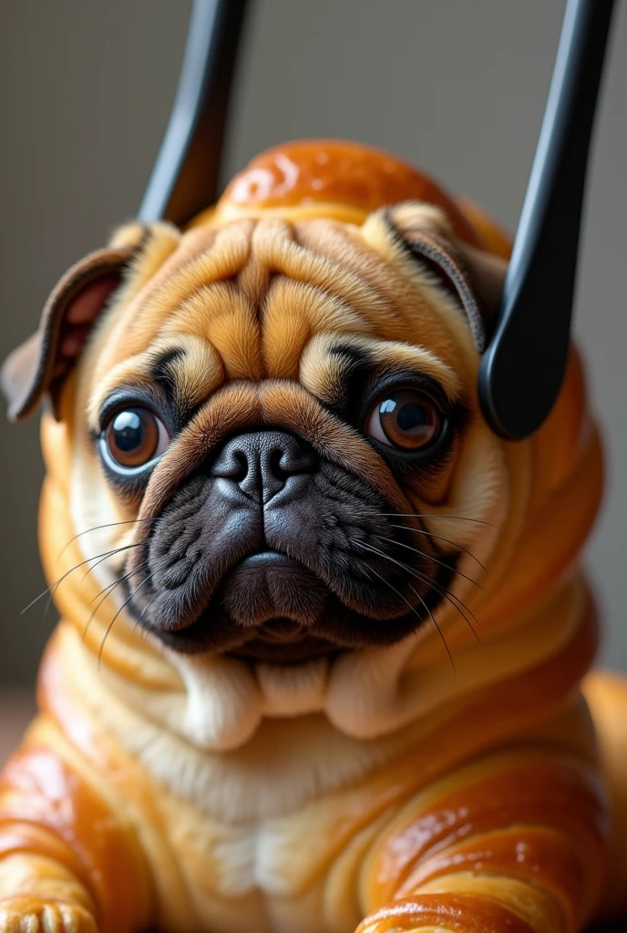 A large croissant with a pug&#39;s face being held by long tongs. Side view. The tongs have black tips.