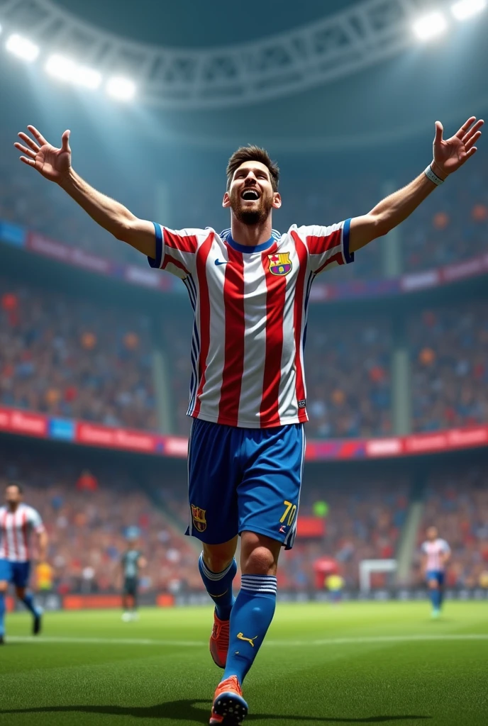Create an image of Lionel Messi celebrating a goal while wearing a Central Córdoba de Santiago del Estero jersey. The scene should capture Messi in an ecstatic moment of triumph, with a vibrant stadium backdrop filled with cheering fans and colorful banners. The jersey should feature the team's distinctive colors and logo prominently, and Messi's expression should convey intense joy and excitement.