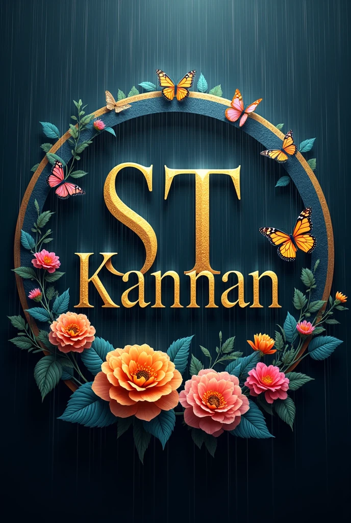 Create Rounded Emblem with Dark background, Heavy rain fall, butterflies, Flowers and alphabet of S T Kannan. 