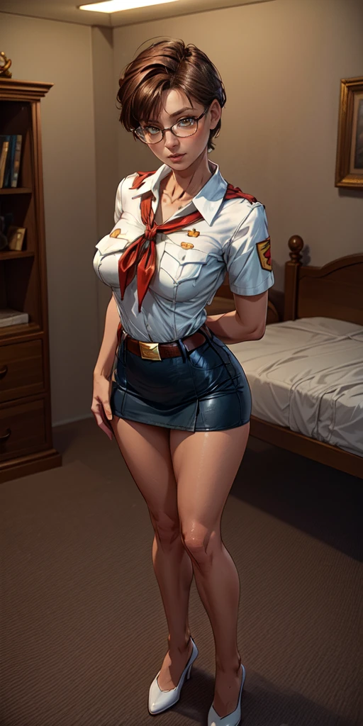 detailed eyes, (full body shot:1.2), 8k, (skinny body:1.2), curvy, (hands behind her back:1.2), seductive pose, (looking at viewer, 8k vector photography, young , beautiful eyes, realistic lighting, detailed outfit, realistic facial features, hyper detail, (perfect angle, focus on face hips and breastegane)), (very short hair:1.3), short disheveled hair, medium breast, pioneer neckerchief, micro blue tight skirt, bangs, collarbone, very tight white shirt, short sleeves, collared shirt, belt, eyelashes, red neckerchief, breast pocket, resembles a sex doll, maryarya, dark blue hair, yellow eyes, glasses ((( toma desde atras))))