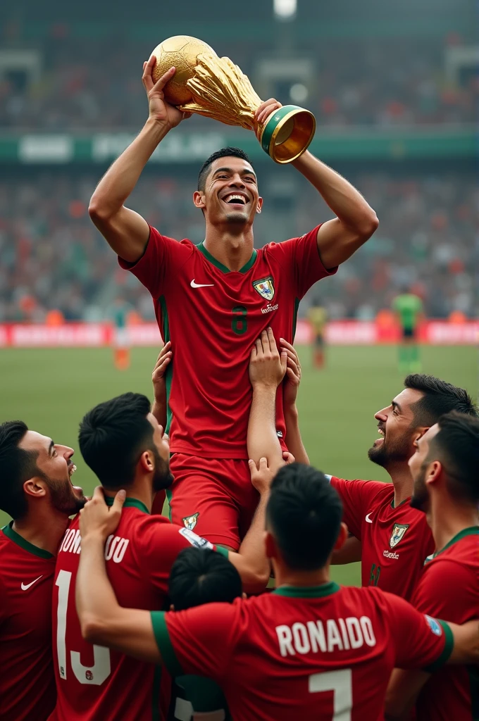 Ronaldo being thrown up in celebration by his teammates while the fans run towards him from the stands,in Ronaldo's hands is The World Cup, Ronaldo's teammates who throw him up are joao Felix,Bruno Fernandes,joao cancelo,rui costa,pepe etc..ronaldo is smiling and his teammates are cheering for him,the fans have a smile in their faces,high angle view,photorealistic,4k,intrinsic detailing etc..