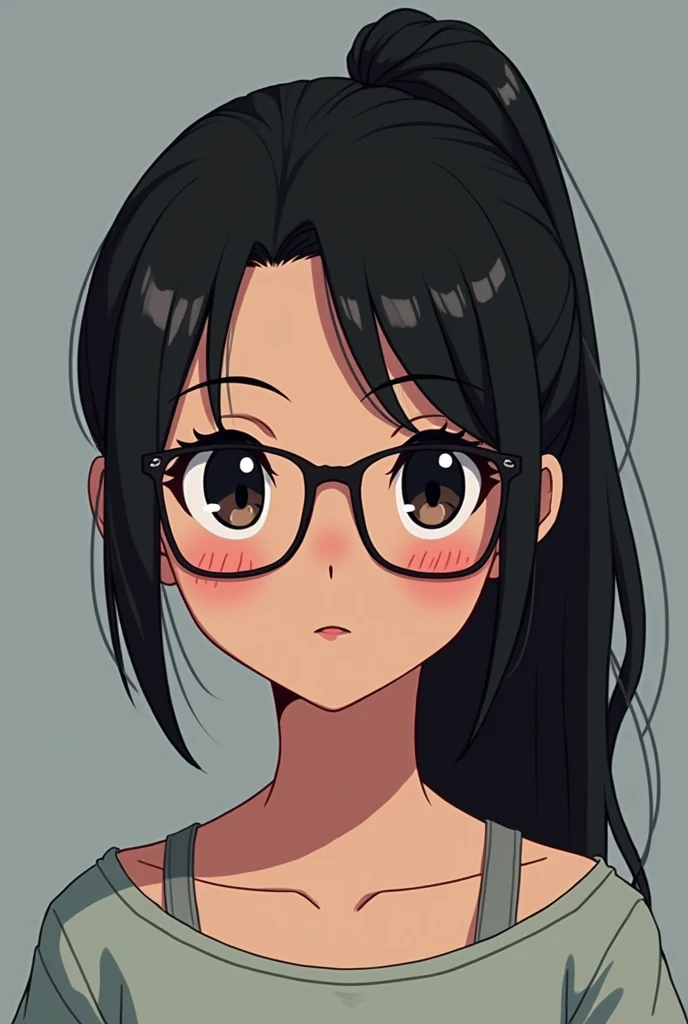 A Japanese woman around with black hair, dark skin, glasses, and a ponytail that exposes her forehead.