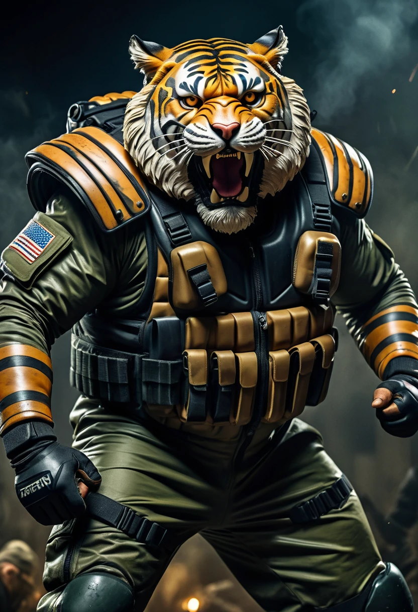 (a dark-skinned bearded fat muscular old man in a bulky army camouflage zipper diver suit) carrying a gun, (wearing realistic roaring tiger mask), dynamic action pose, fierce expression, showcasing an imposing stature, surrounded by military elements, dramatic shadows and intense highlights, cinematic color tones, high detail, powerful, art influenced by Bruce Onobrakpeya and Stanley Artgerm, ultra-detailed, best quality image, action-packed atmosphere. fighting stance, field background