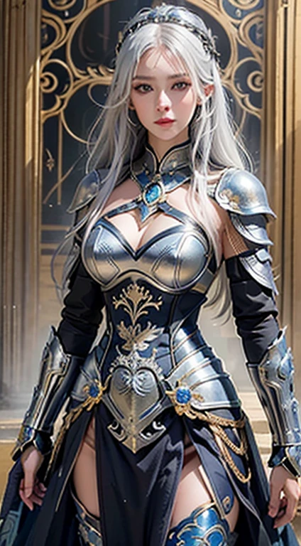 Front view, Masterpiece, Best quality, Realistic, Raw photo, (1 girl, looking at looker), Long hair, detailed beautiful blue eyes, White armor, Intricate armor, Delicate gold and black line pattern, Intricate pattern, Blue metal parts, Detail part, Dynamic pose, Detailed background, Dynamic light, Thai art pattern