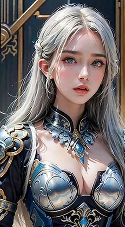 Front view, Masterpiece, Best quality, Realistic, Raw photo, (1 girl, looking at looker), Long hair, detailed beautiful blue eyes, White armor, Intricate armor, Delicate gold and black line pattern, Intricate pattern, Blue metal parts, Detail part, Dynamic pose, Detailed background, Dynamic light, Thai art pattern
