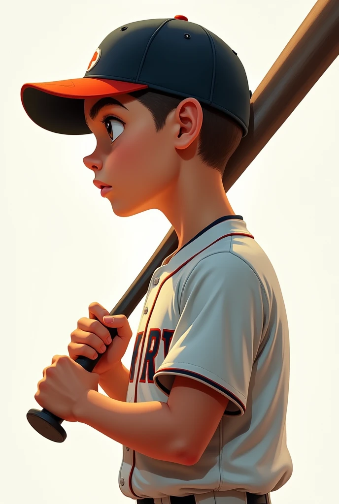 Profile of a boy holding a bat。Side view illustration