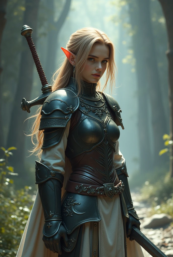 Final Fantasy game theme. Image of a 21 year old elf with tanned hair standing holding her favorite sword., He wore light black and white armor.., pastel colours, and dramatic tones. A masterpiece with the highest resolution. , Surrealist image type