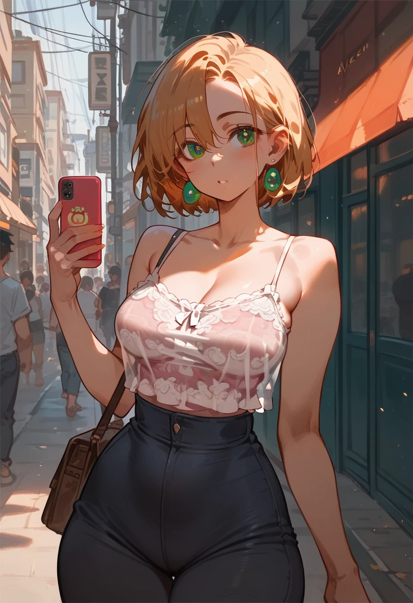 Beautiful woman, Playing with your cell phone in the middle of the street, [See through](Short lace camisole:1.47), Natural Breasts, Medium chest, (Tight waist, Perfect body curves), Earrings, Sharp focus, (Tall body, Adult female), ((avert your eyes)), (Skin with attention to detail, Skin pores:1.4)