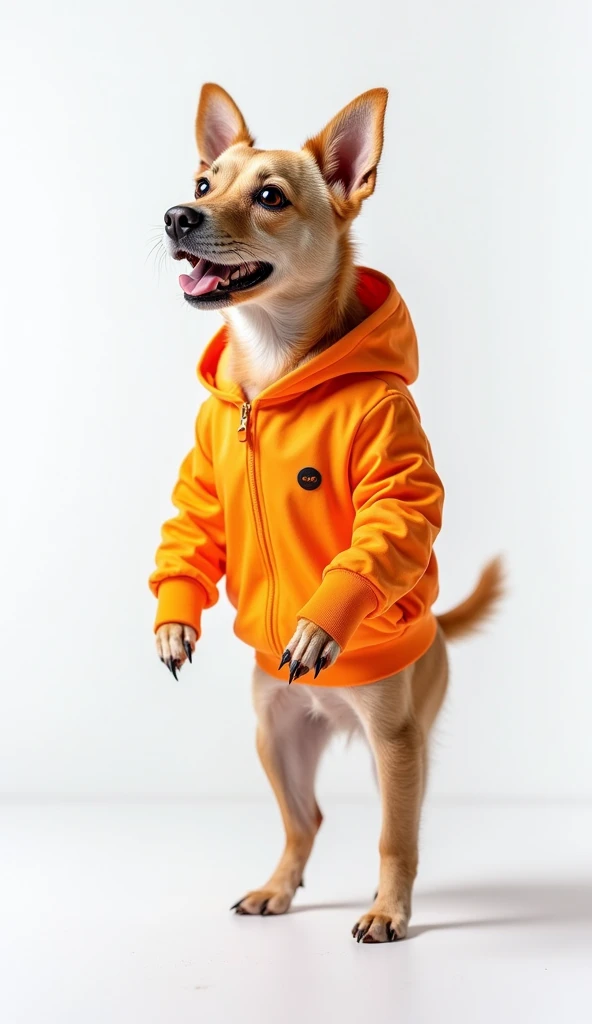 The best mobile wallpaper, Award winning wallpaper, portrait photography, In the front view there is a portrait of a cute dog standing on two legs modeling, modern urban clothing., side view shot, Establish a marked contrast that accentuates the subject., white tone, Use a modern style, Bright colored clothing metallic beautiful white background