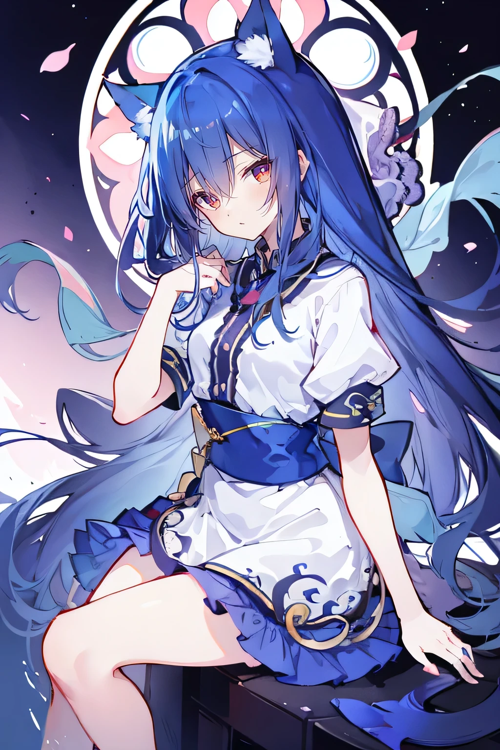 (masterpiece:1.2),Extremely detailed,Practical,expressive eyes,Fair skin,Perfect face shaping,1 Girl,
Japanese cartoons,Gorgeous blue hair, the long flowing blue hair,Floating clothes,Cat ears,Petals fall,beautiful lola,Young Angel,
Place your hands on your waist,sit elegantly on the ground,Cross your legs,Gentle and peaceful background,church,nun，Place your hand on your lips，Shy face。