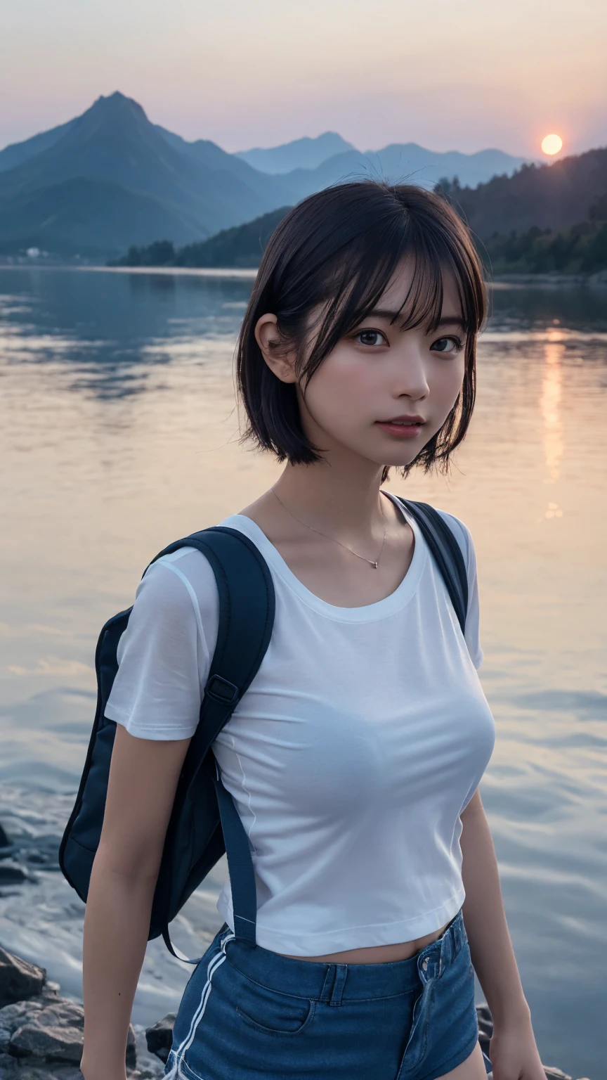 Highest quality, masterpiece, Ultra-high resolution, (Realistic:1.3), RAW Photos, (Nature landscape photography), (Majestic Mountain々The summit of the, sea of clouds), (とても大きな山The summit of the), (sunset), (One Girl), (Upper Body), (20-year-old), (smile:0.9), (Glowing Skin), (short hair, Dark brown hair), (White T-shirt), (Tight casual shorts), (Carry a large backpack on your back), (Ultra detailed face), (Nipple erection), (Highly detailed eyes), (Highly detailed nose), (Highly detailed mouth), (Very skilled hands), (Super-detailed body), Sony a7, 85mm lens, f9.0, Pan Focus
、Luxury Panties、