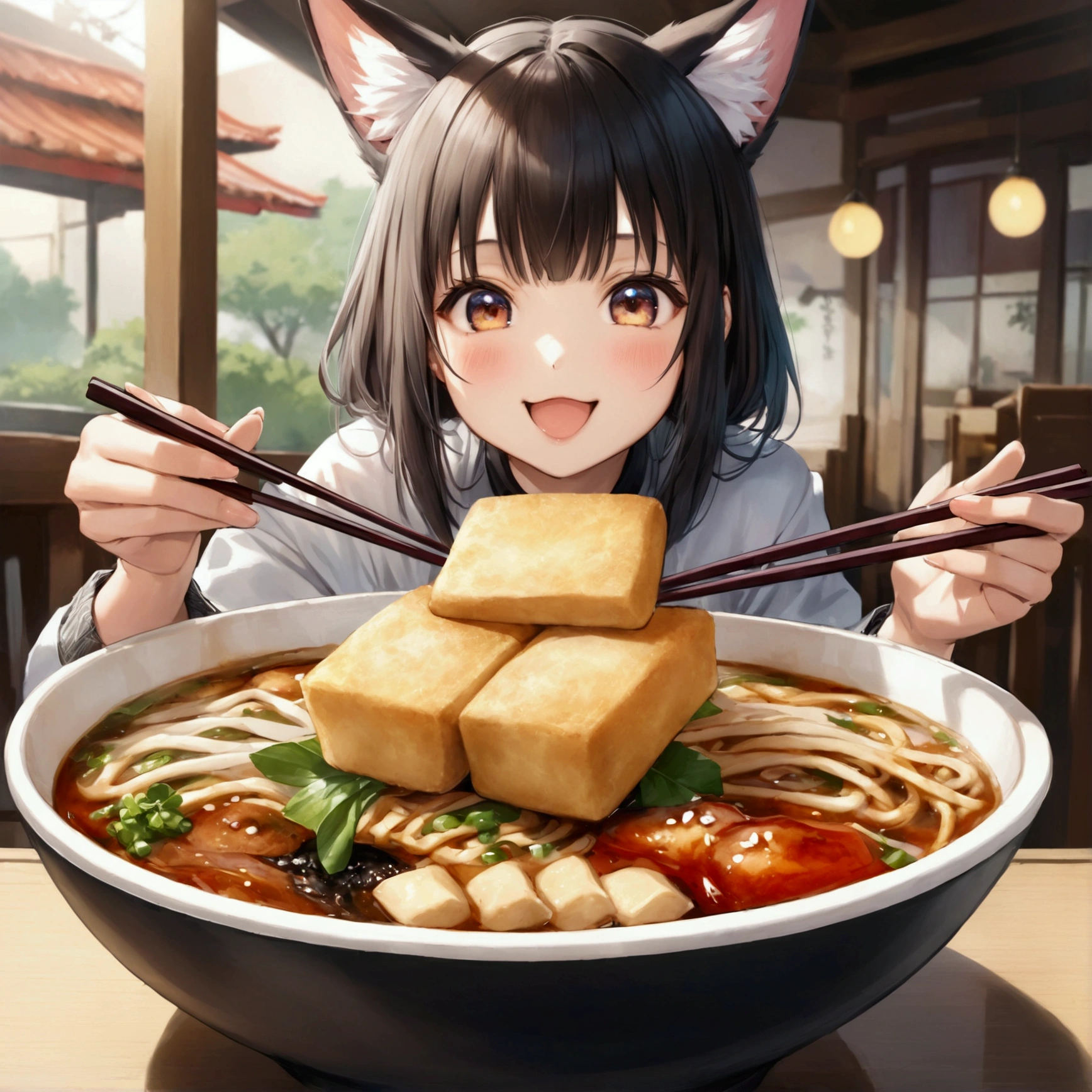 One person,Fox-eared girl,Udon、Thin rectangular fried tofu、,chopsticks,eat, looks happy、cute、Realistic Anime、