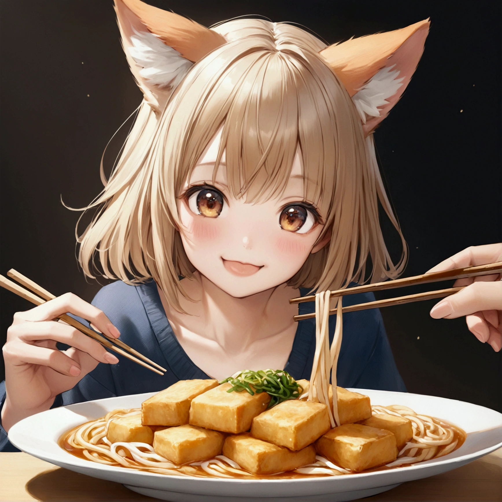 One person,Fox-eared girl,Udon、Thin rectangular fried tofu、,chopsticks,eat, looks happy、cute、Realistic Anime、