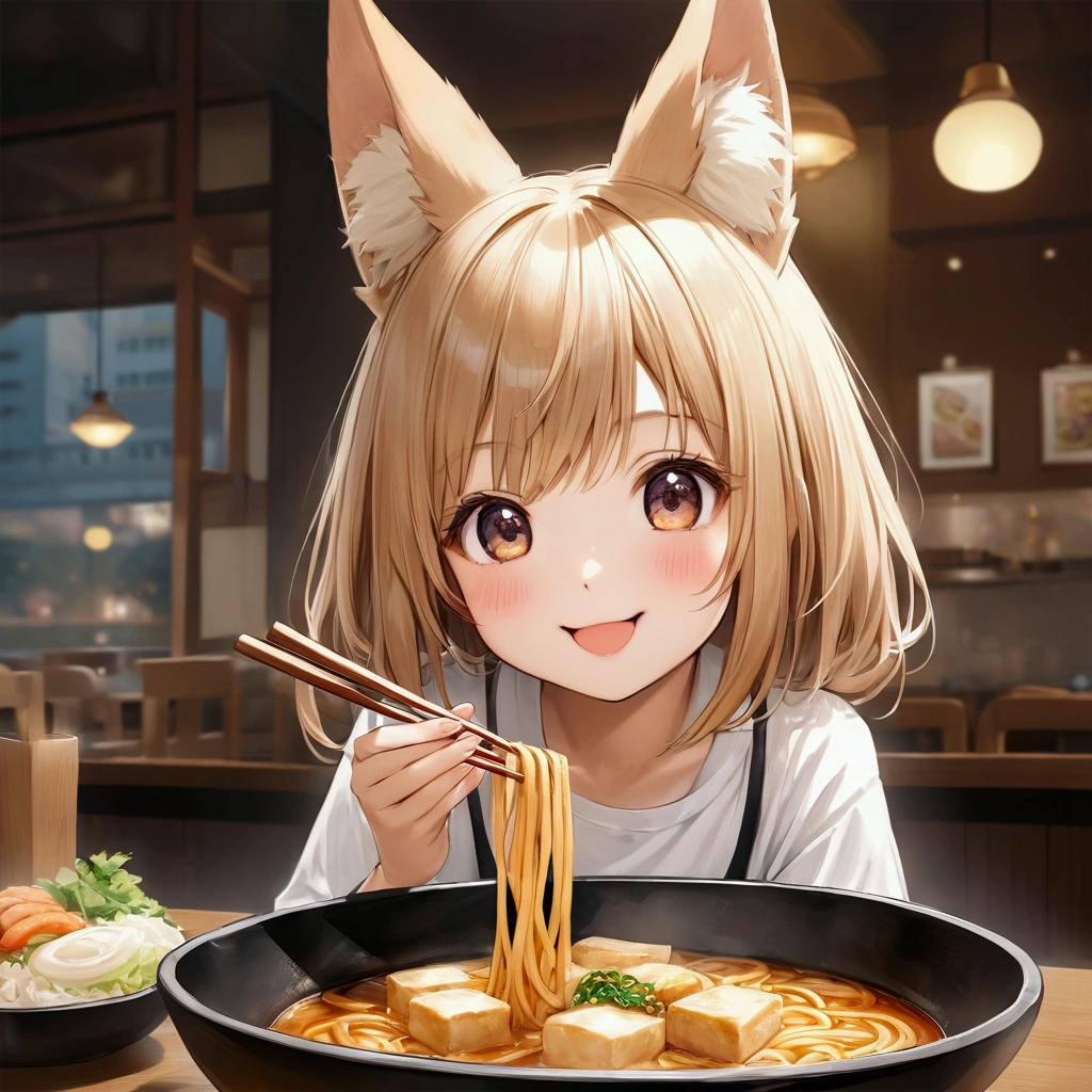 One person,Fox-eared girl,Udon、Thin rectangular fried tofu、,chopsticks,eat, looks happy、cute、Realistic Anime、