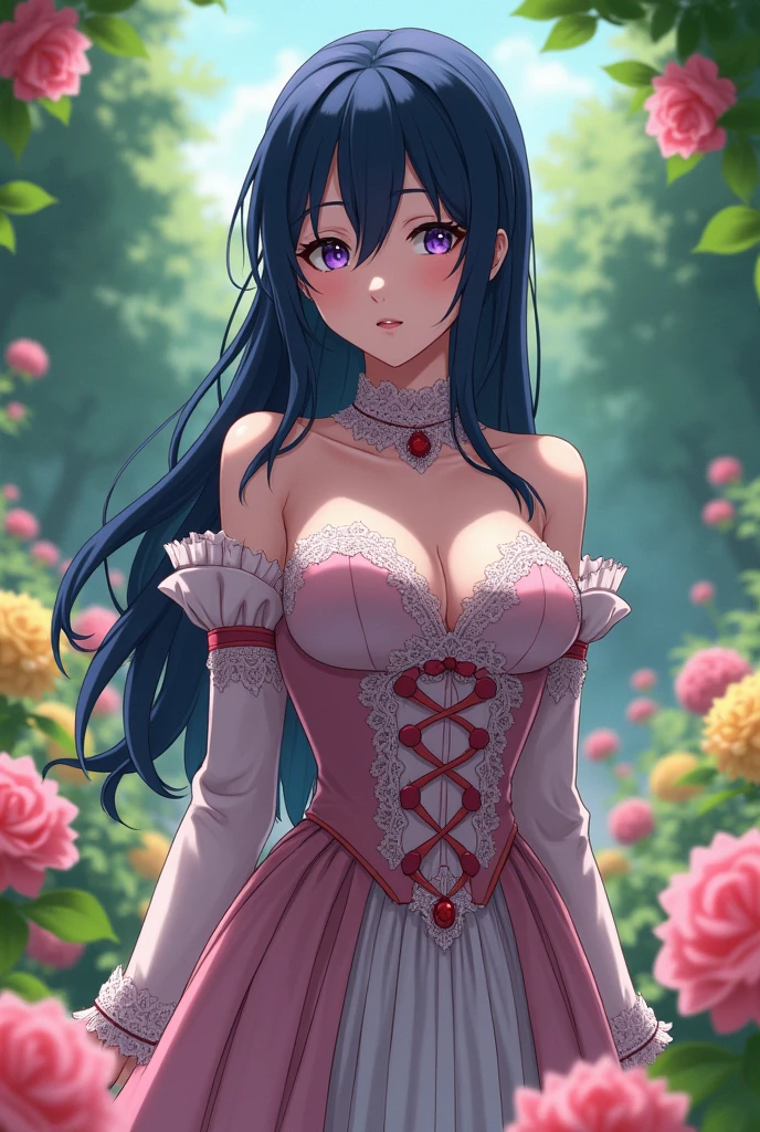 (absurdres, highres, ultra detailed), masterpiece, hinata(boruto), ((solo)), 1girl,medium breasts, long purple victorian style dress, closed mouth, (((long hair))),standing, the bodice and the skirt pattern, frill skirt, lace, blink blink effect, (((detailed lips))), garden, pink and yellow flowers,  ((realistic skin)), glowing skin, ((glossy red lips)), purple eyes, portrait, beautiful, smile, (((dark blue hair))), bust crop, normal skin