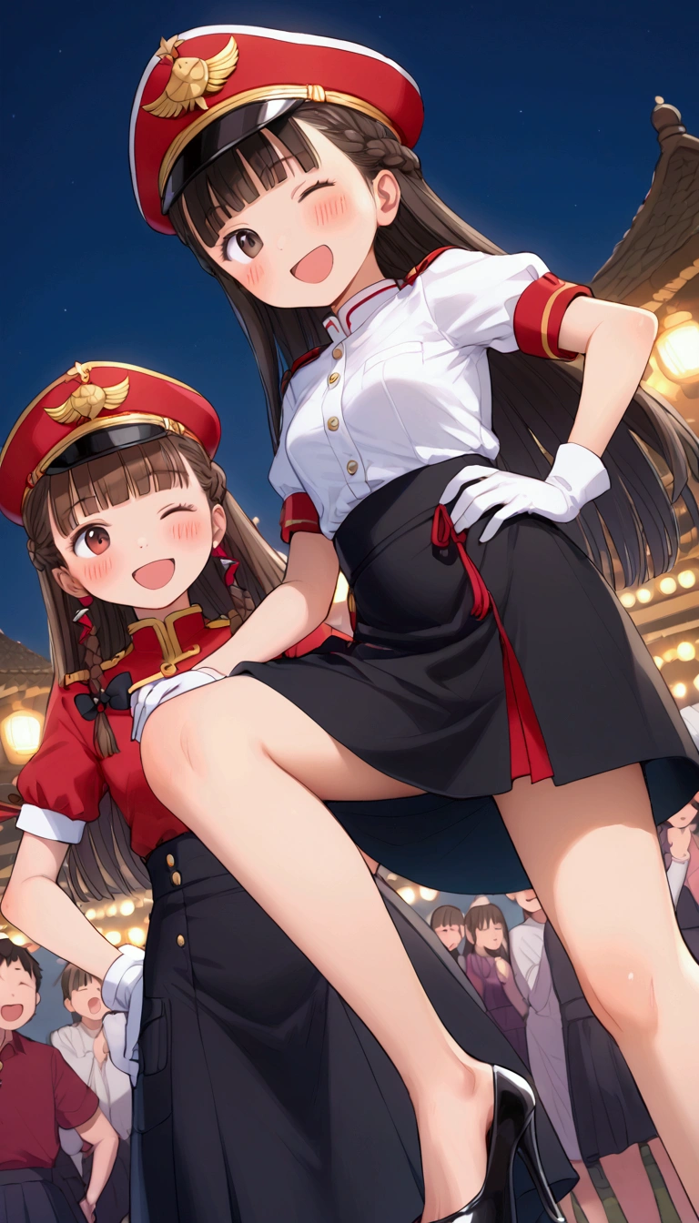 {Highest quality}, {Super beautiful},{Ultra fine},{Best illustration},Brown Hair,Hime cut,long hair,Braid,One woman,Standing Woman,Strike a pose,Adult women,smile,Excited face,Wink,Uniform cap,White Shirt,Short sleeve,long black skirt,White gloves,Night Festival,Blushing,Slender,Black stiletto heels,barefoot,From an angle,From below,Put one hand on your hip,Spread your legs