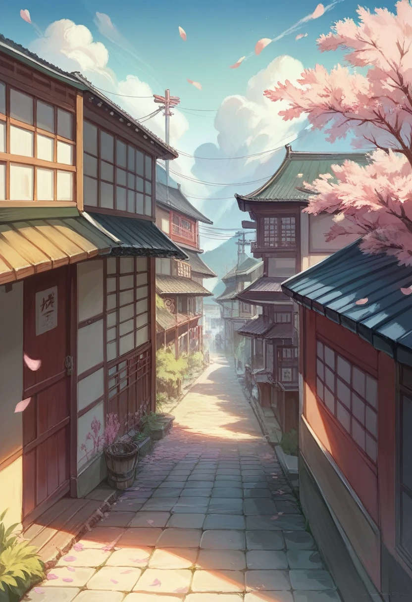((masterpiece, Highest quality, Best image quality, High resolution, Realistic, RAW Photos, 8k)), Spring Morning, In a rural town in Japan, Students walk along the cherry blossom-lined street to the station, (View from above:1.3),