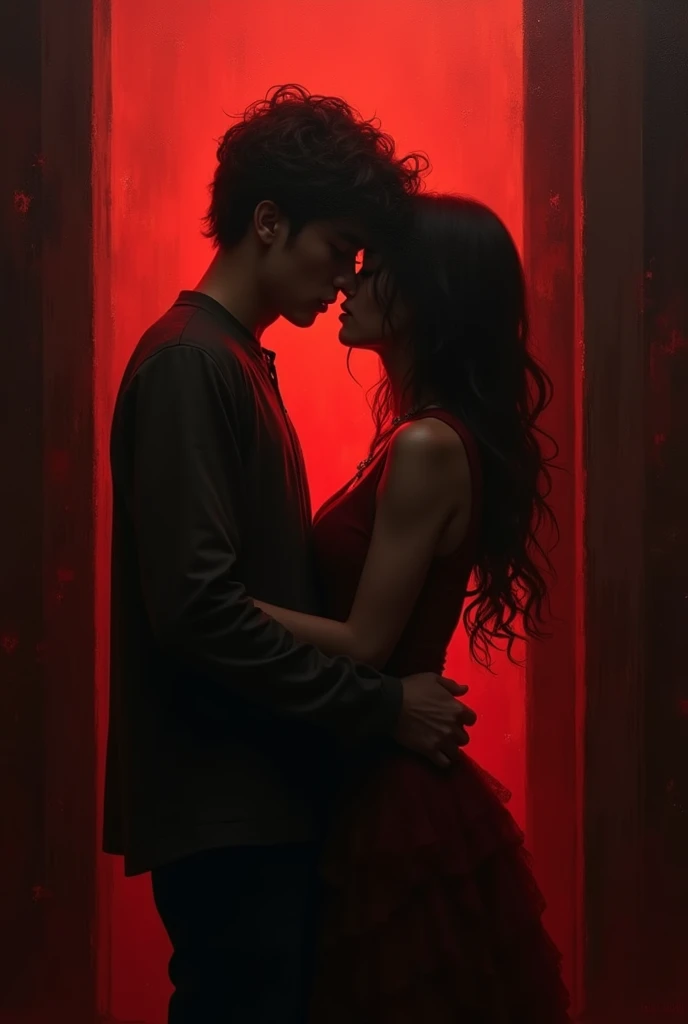 Painting of a teenage couple embracing and almost kissing passionately. Dimly lit or dark environments with little light shining on them create a mysterious and passionate feel. Dark red and black shades.