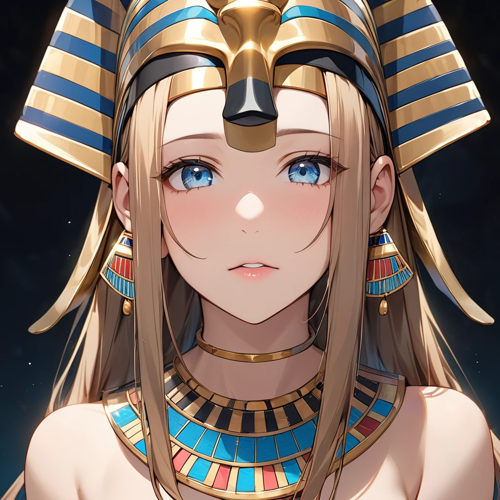 ((Highest quality)), ((masterpiece)), (detailed), （Perfect Face）、The woman with the face of the ancient Egyptian Tutankhamun mask is Yuuki Asuna, with light brown, medium-long hair and a magnificent Tutankhamun face, wearing a Tutankhamun hat, making her face completely resemble Tutankhamun&#39;s mask.、The woman is dressed as Tutankhamun of ancient Egypt.、A woman sits on an ancient Egyptian throne and reigns with the golden face of Tutankhamun