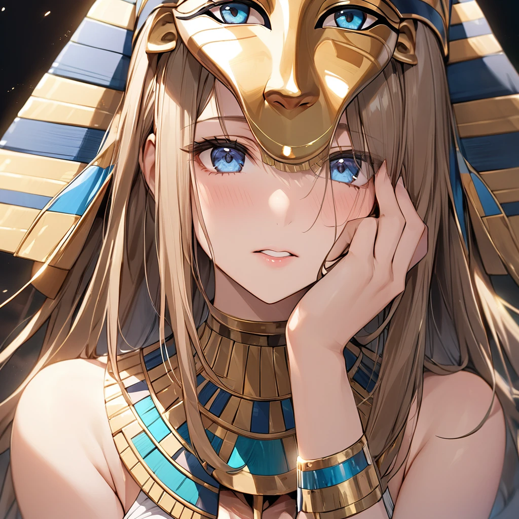 ((Highest quality)), ((masterpiece)), (detailed), （Perfect Face）、The woman with the face of the ancient Egyptian Tutankhamun mask is Yuuki Asuna, with light brown, medium-long hair and a magnificent Tutankhamun face, wearing a Tutankhamun hat, making her face completely resemble Tutankhamun&#39;s mask.、The woman is dressed as Tutankhamun of ancient Egypt.、A woman sits on an ancient Egyptian throne and reigns with the golden face of Tutankhamun