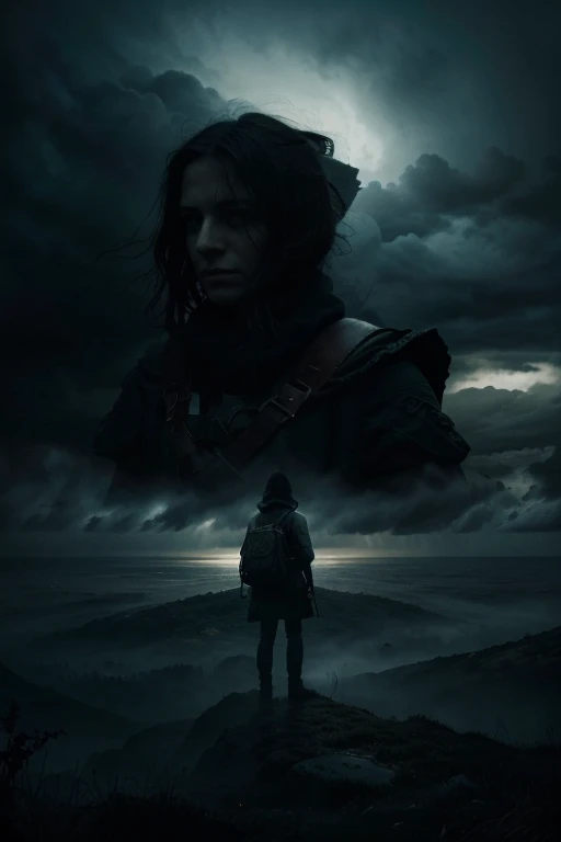 A hauntingly beautiful dark fantasy illustration of a lone figure, a brown backpack on his shoulder, one hand reaching forward to push open the door of a castle, a sea of swirling clouds in the sky. tornado, thunderstorm. The individual's face is covered with anxiety and their eyes reveal doubt, fear, the character image is placed in the center, the character image contrasts with the landscape, the landscape is dark, mysterious dark fantasy mystery, illustration