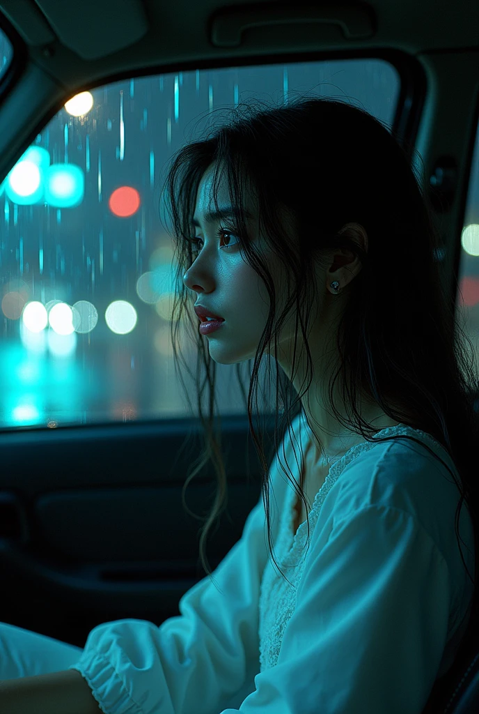 (Photorealism:1.2), Second Dimension，comics，Modern urban style，one young woman，Dressed in a long white dress，Long wet hair，Sitting helplessly in the car looking out the window，Distressed，Long messy hair，Sad look，Rainy Night，dim street lights，close up，Ultra-high-definition picture quality，Hyper-detailed depiction，Wide Angle，panoramic，Lenses，nature，Clarity，Bright，3d。