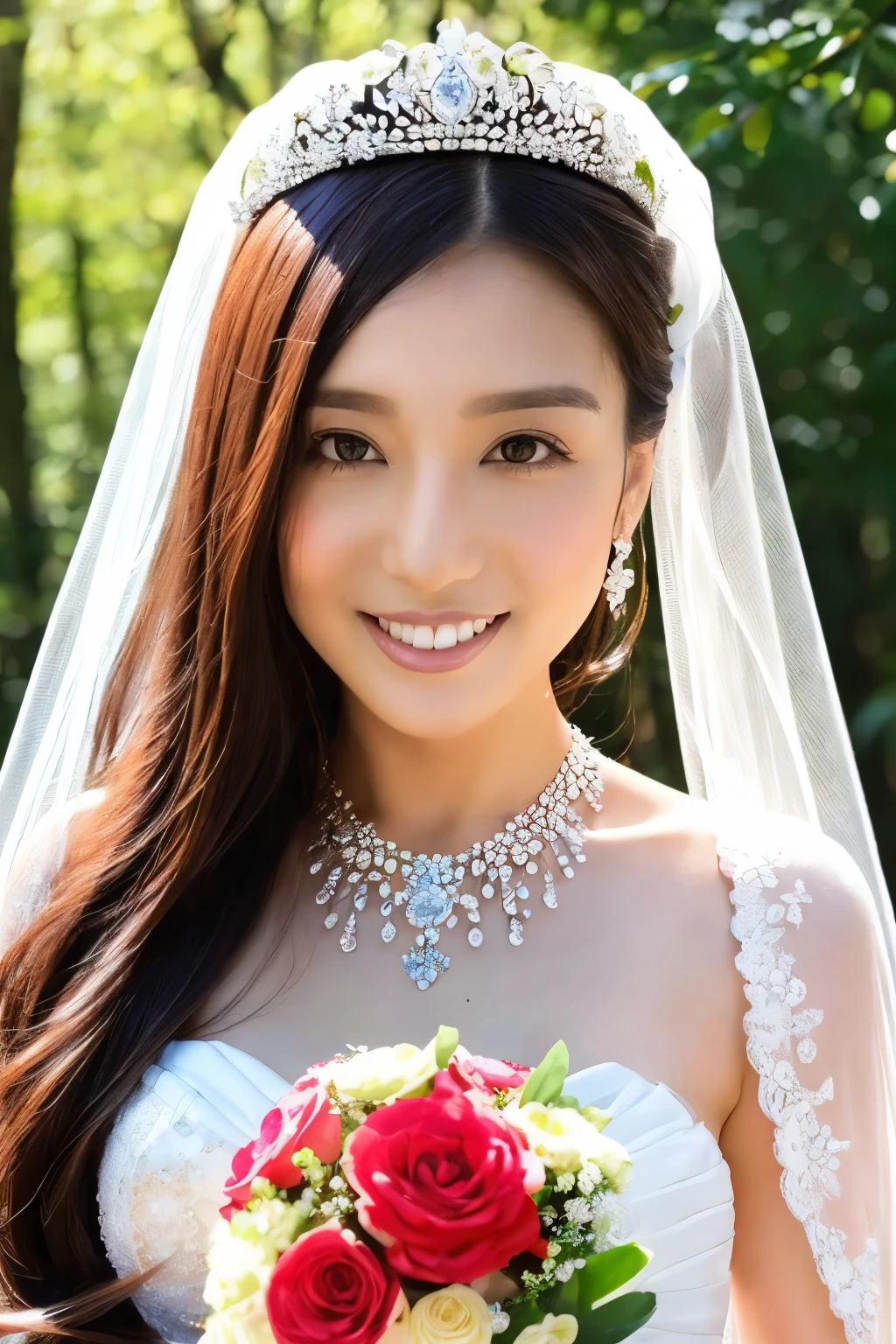 (Highest quality、Tabletop、8k、Best image quality、Award-winning works)、Beautiful Bride、(alone:1.1)、(The most extravagant and gorgeous huge pure white wedding dress:1.2)、(Perfect Wedding Lace:1.2)、(The most gorgeous and luxurious giant tiara:1.3)、(The most extravagant and luxurious giant necklace:1.3)、(Have a luxurious bouquet:1.3)、The finest jewellery decoration、Perfect Makeup、Long eyelashes、Ultra HD Shining Eyes、Ultra HD Hair、Ultra-high resolution glossy lips、Super high resolution beautiful face、(Accurate anatomy:1.1)、Very bright and beautiful skin、very bright and vivid、(Perfect Bridal Hairstyles:1.3)、(Front facing body:1.1)、(The most refreshing and beautiful forest background:1.1)、(Small cleavage:1.1)、(Perfect beautiful bridal photos:1.1)、Cute Smile、(Face close-up:1.1)
