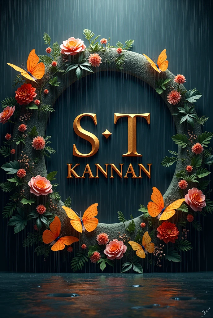 Create Rounded Emblem with Dark background, Heavy rain fall, butterflies, Flowers and alphabet of S T Kannan.