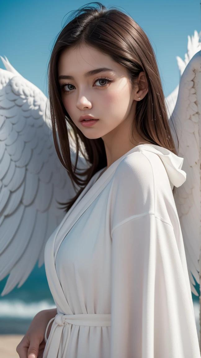 ((raw photo)), ((masterpiece)), anthropomorphic humanoid AngelGirl wearing white noble robe, intricate detail, futobot, intricate Greebles pieces, sky behind, pink, beautiful wings, detailed eyes and lips