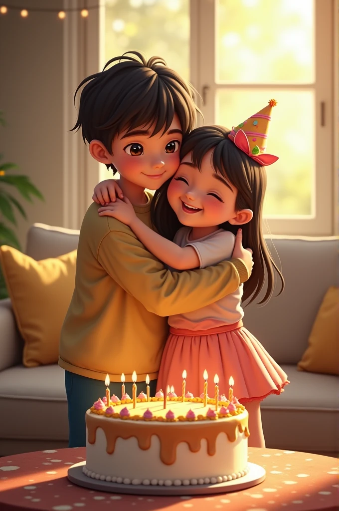 Boy hugging girl eachother, girl birthday,cake , full body