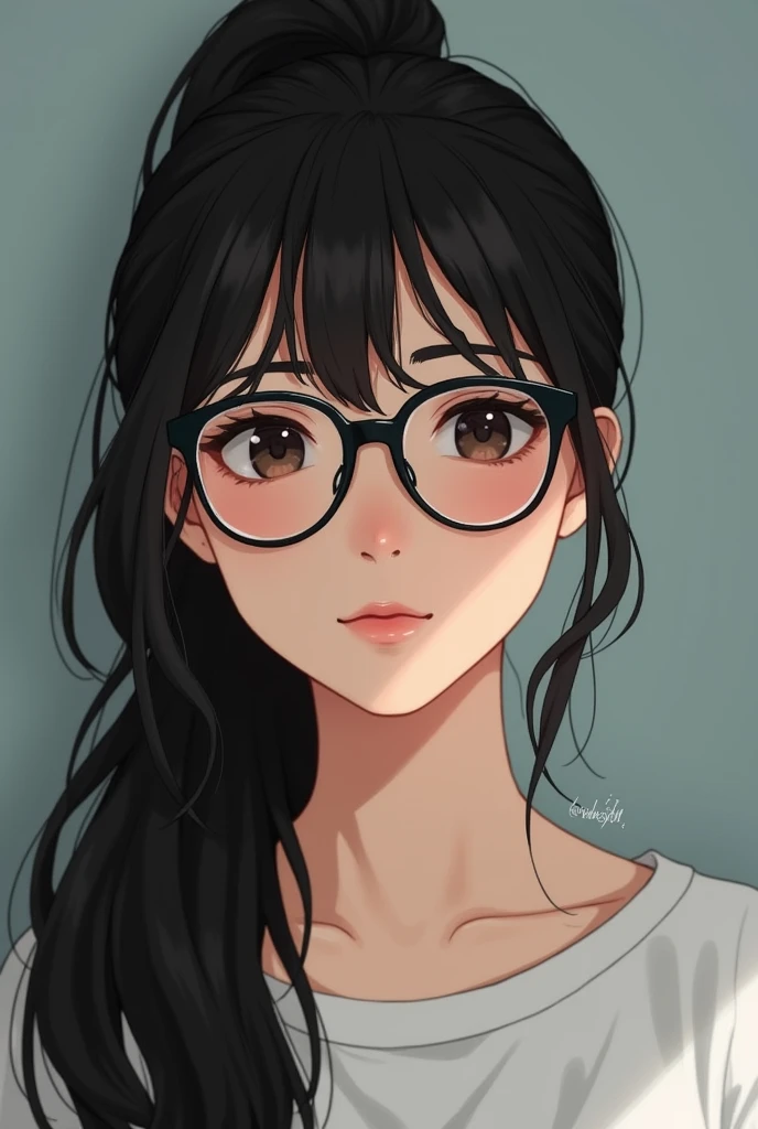 A Japanese woman around 17 years old with black hair, dark skin, glasses, and a ponytail with her forehead completely exposed.