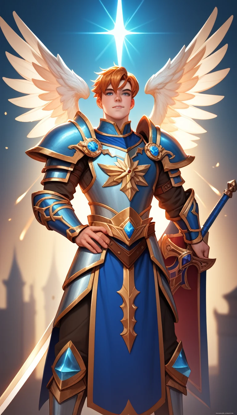 dungeons and dragons, character design, best quality, masterpiece, extremely detailed, 30 year old, masculine, male aasimar, short middle parting hair, protector paladin, massive angel wings, heavy plate armor, glowing celestial runes, flowy tabard, greatsword, ornate shield, soft lighting, dreamy atmosphere, perfect face, perfect hands, perfection
