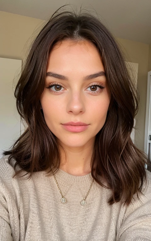 Belle brune portant un pull beige, très détaillé, 21 ans, visage innocent, cheveux ondulés naturels, yeux marron, haute résolution, chef-d'ouvrages d'art, Meilleure qualité, détails complexes, très détaillé, mise au point nette, peau détaillée, Texture de peau réaliste, texture, yeux détaillés, professionnel, 4k, Sourire charmant, filmé en Canon, 85 millimètres, faible profondeur de champ, Couleur Kodak Vision, corps parfaitement ajusté, extrêmement détaillé, photographier_\(ultra\), Photoréaliste, Réaliste, Post-traitement, détails maximum, rugosité, vrai vie, Ultra réaliste, photoréalisme, photographie, 8k euh, photographie