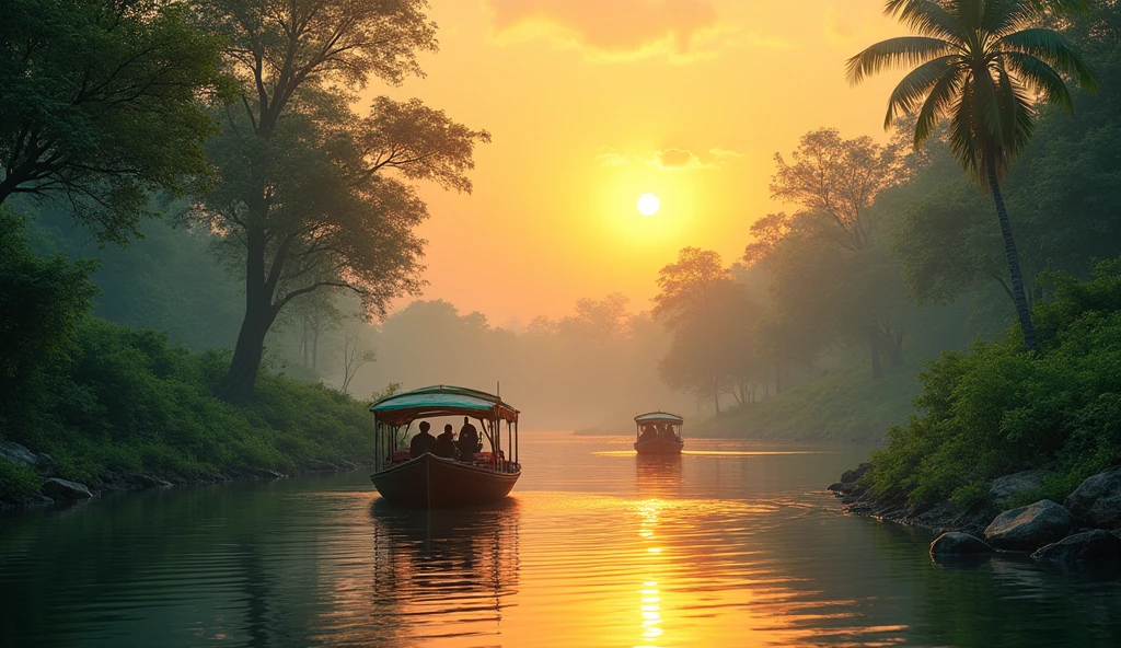 "Vibrant Bangladeshi landscape with lush green forests, a flowing river, traditional boats, and a golden sunset, capturing serene natural beauty."
