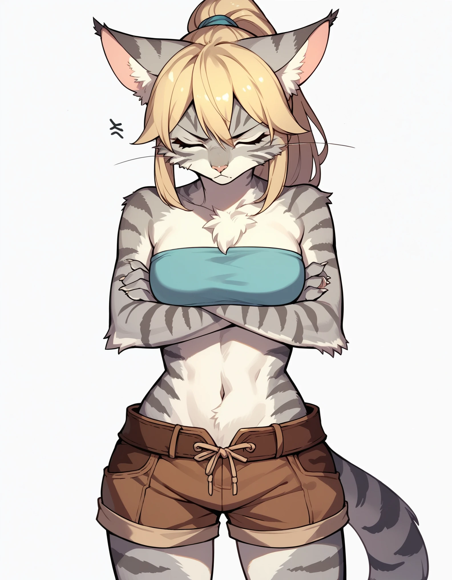 score_9,score_8_up,score_7_up, score_6_up, score_5_up, source_anime, kemono style, Kat, female Anthro furry feline, silver fur, grey stripes on body, closed eyes, long blonde hair, hair in a ponytail, pink nose, :3, she is wearing blue bandeau, brown short shorts, brown boots, arms crossed, annoyed expression, pouting, head facing away, head turned away, standing, full body shot, front view, white background