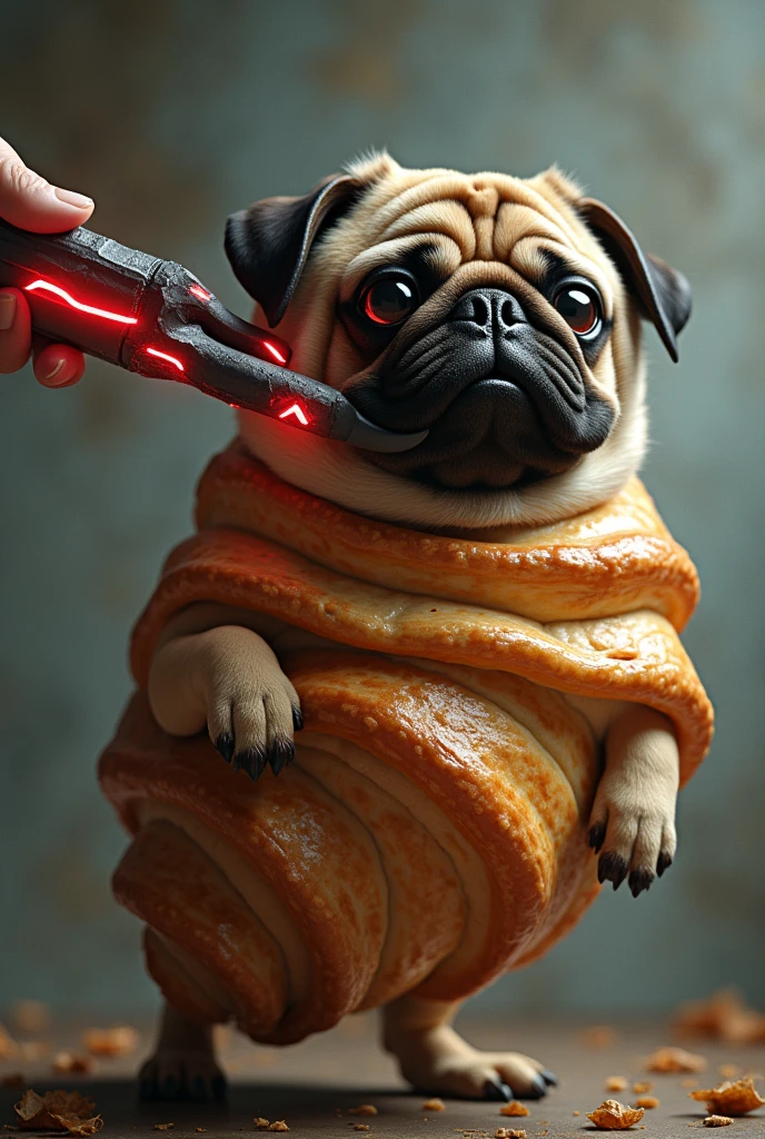 A large croissant with a pug&#39;s face being held by long tongs. A side view. The tongs have black tips and red lightning bolts coming out of their eyes.