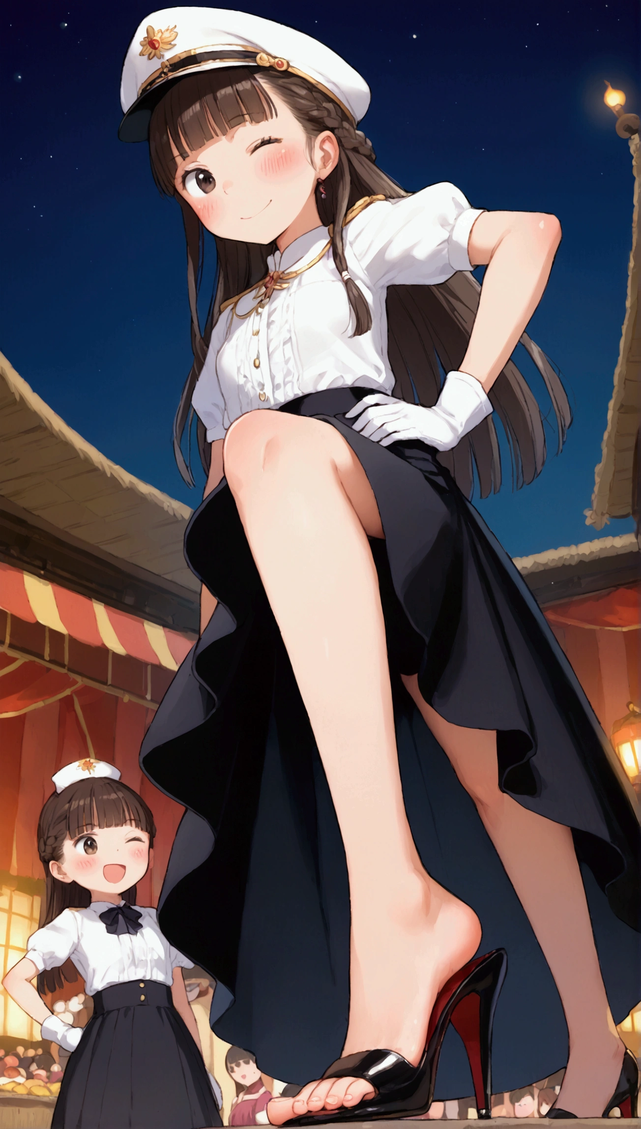 {Highest quality}, {Super beautiful},{Ultra fine},{Best illustration},Brown Hair,Hime cut,long hair,Braid,One woman,Woman sitting,Strike a pose,Adult women,smile,Excited face,Wink,Uniform cap,White Shirt,Short sleeve,long black skirt,White gloves,Night Festival,Blushing,Slender,Black stiletto heels,barefoot,From an angle,From below,Put one hand on your hip,Spread your legs,Spread one leg