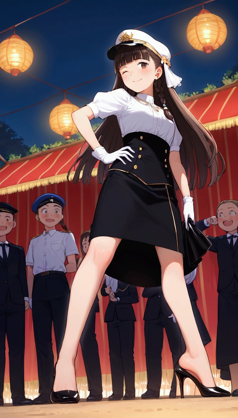 {Highest quality}, {Super beautiful},{Ultra fine},{Best illustration},Brown Hair,Hime cut,long hair,Braid,One woman,Standing Woman,Strike a pose,Adult women,Cheeky face,Wink,Uniform cap,White Shirt,Short sleeve,long black skirt,White gloves,Night Festival,Blushing,Slender,Black stiletto heels,barefoot,From an angle,From below,Put one hand on your hip,Spread your legs