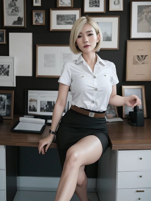 Pretty thai woman blonde short hair , (8k, best quality, masterpiece, ultra highres:1.2) Photo of Pretty thai woman beautiful, beautiful enchanting fashion contemporary painting with , (1girl), (white shirt short sleeves), ((black pencil skirt)), belt , blonde hair , realistic skin texture , round chin, 85 mm art lens, f 1. 2, sharp focus, 8 k high definition, insanely detailed, intricate, elegant, large breasts, big breasts , black skirt