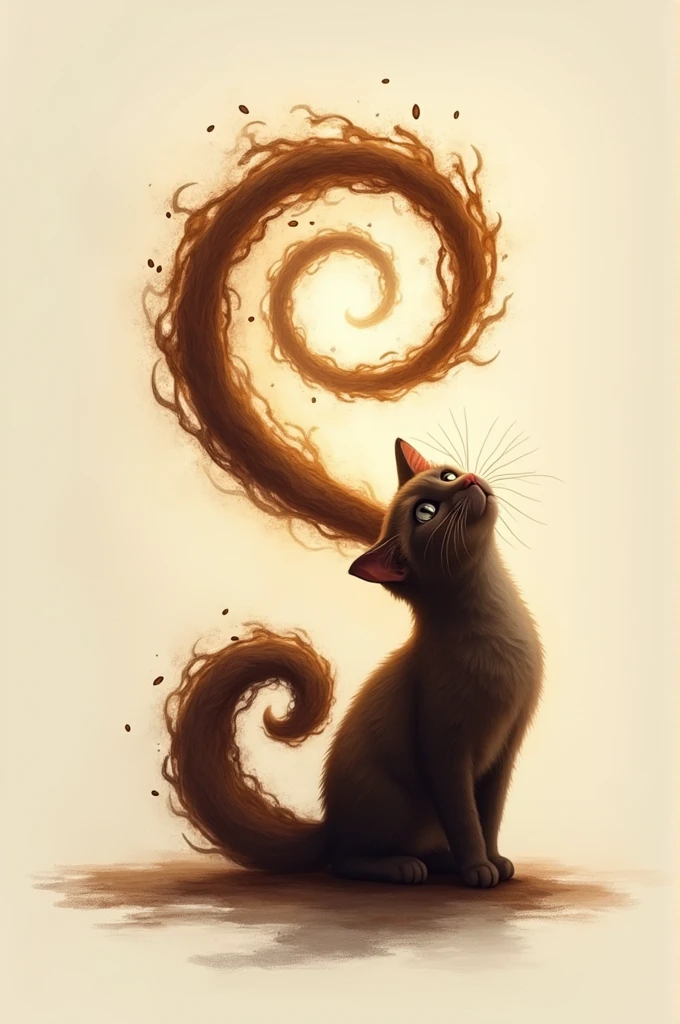 An abstract image where the tail of a cat is part of a more abstract symbol such as a spiral that can represent the aroma of a coffee 