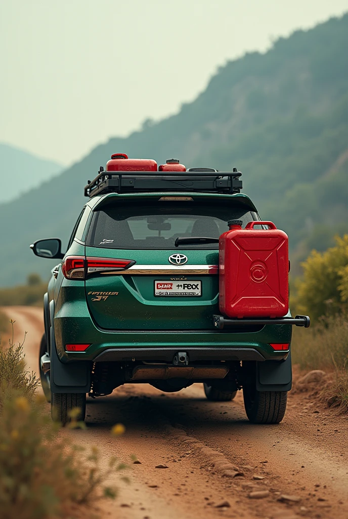 Fortuner car with jerry can red colour and car colour british racing green 