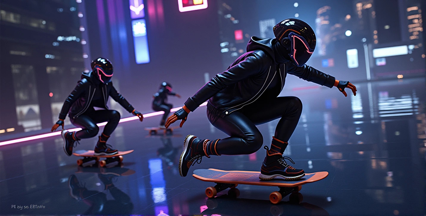 Skaters,Wearing a black leather jacket,A futuristic helmet,Glide along the ground