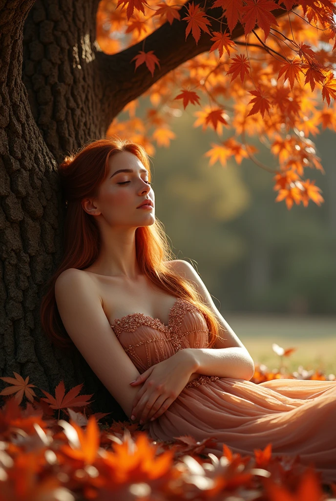 Olena: A 20-year-old with long, flowing reddish-brown hair that cascades down her back, and deep hazel eyes. She wears an elegant, shimmering gown. Though poised, she carries an air of vulnerability, as if caught between worlds.
Composition: Olena is sleeping peacefully under a large maple tree. The tree's red and gold leaves gently rustle in the breeze, with sunlight filtering through to cast soft shadows on her. She lies on a bed of fallen leaves, her hands resting on her chest, looking calm and serene, as if lost in a dream.