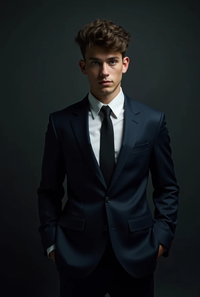 a young man, 20 years old, powerful in a suit and tie, protagonist, dark atmosphere