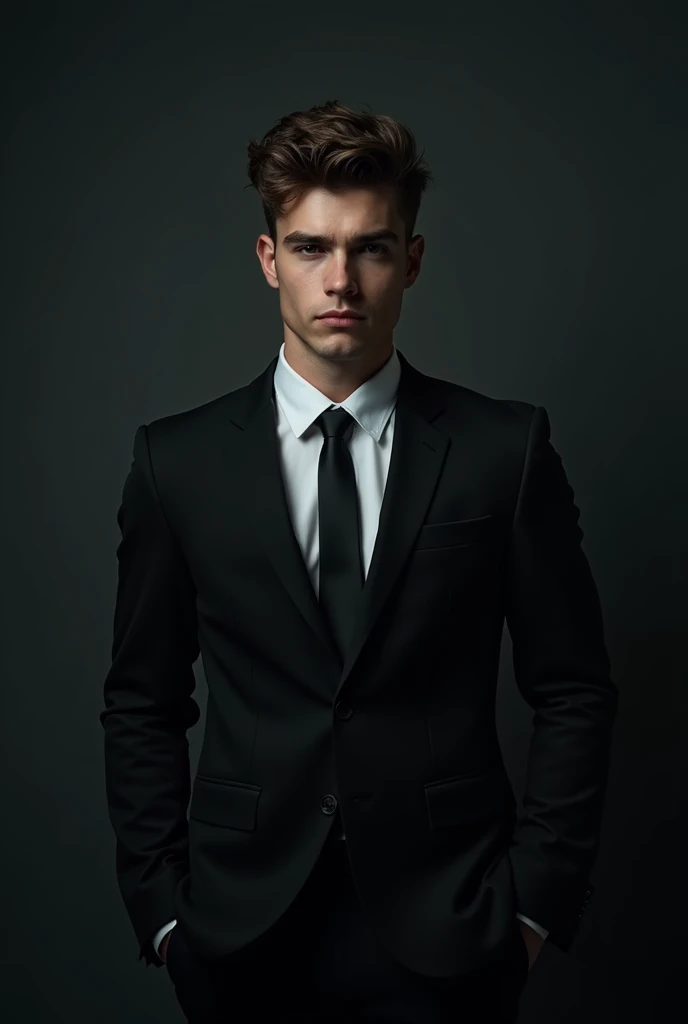 a young man, 20 years old, powerful in a suit and tie, protagonist, dark atmosphere