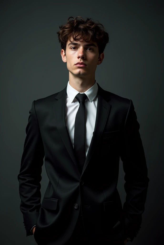 a young man, 20 years old, powerful in a suit and tie, protagonist, dark atmosphere