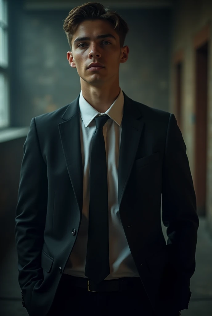 a young man, 20 years old, powerful in a suit and tie, protagonist, dark atmosphere, open environment