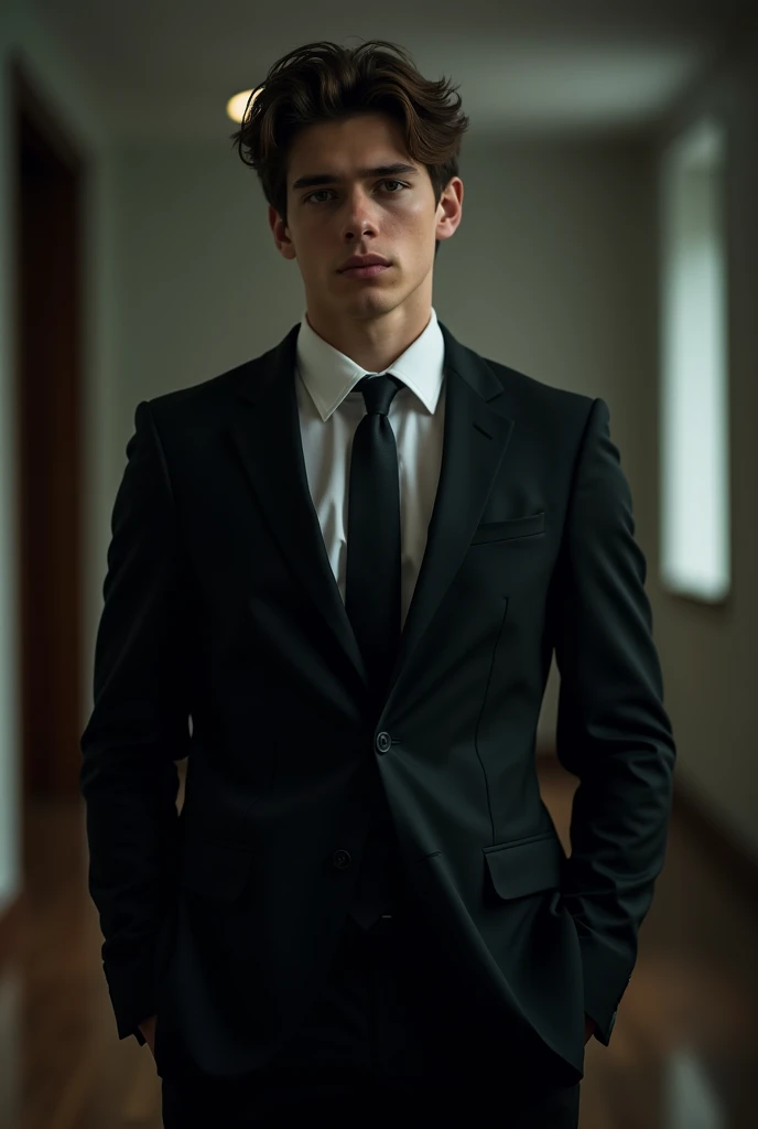 a young man, 20 years old, powerful in a suit and tie, protagonist, dark atmosphere, open environment