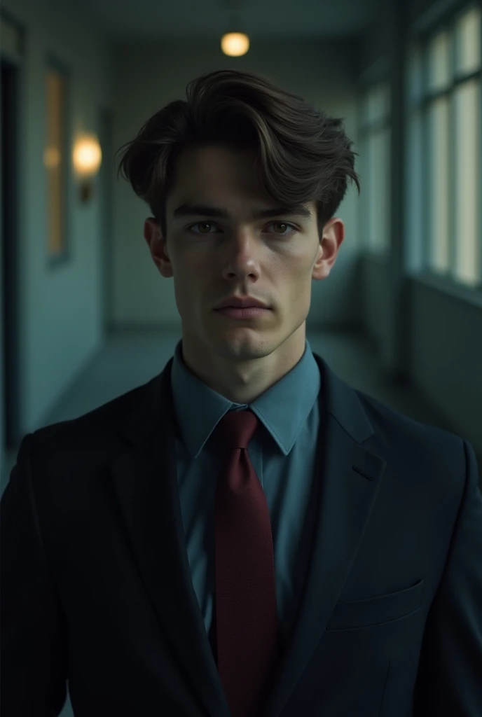a young man, 20 years old, powerful in a suit and tie, protagonist, dark atmosphere, open environment